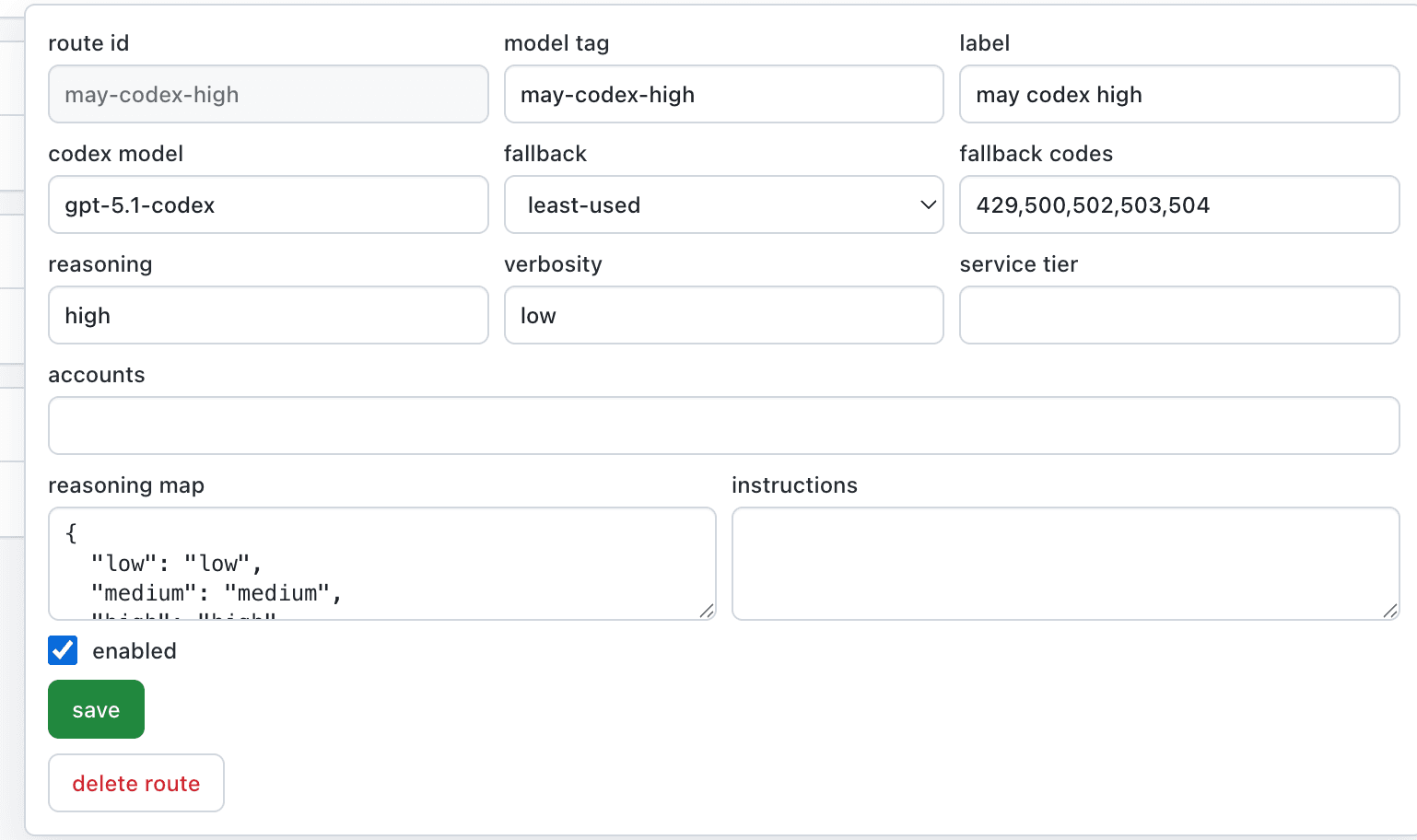 aiproxy route editor with model, fallback, reasoning, and retry controls
