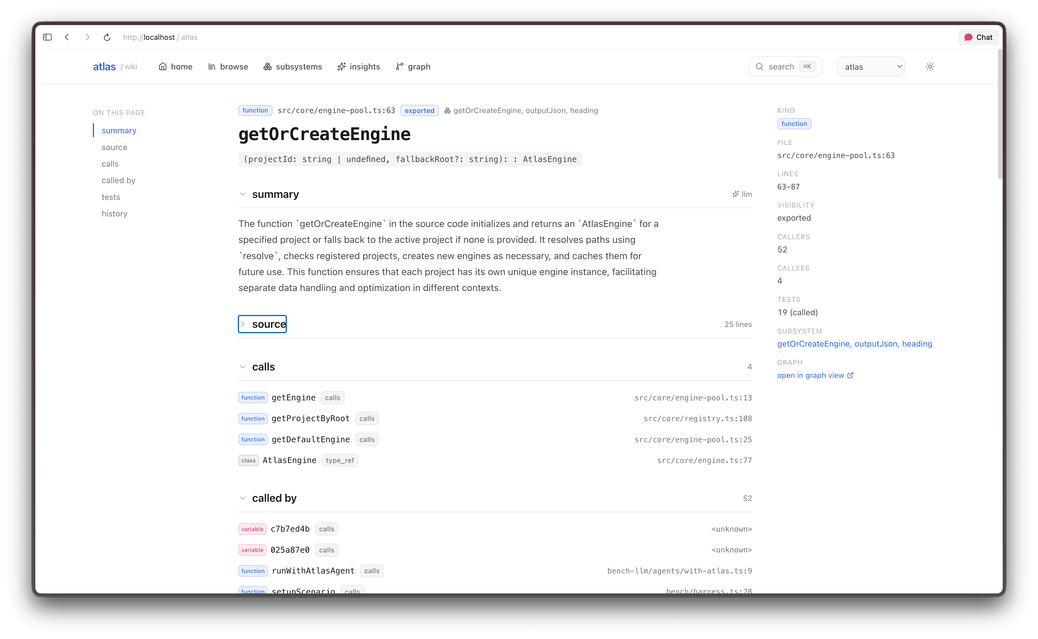 atlas code wiki showing source, calls, tests, history, and graph links