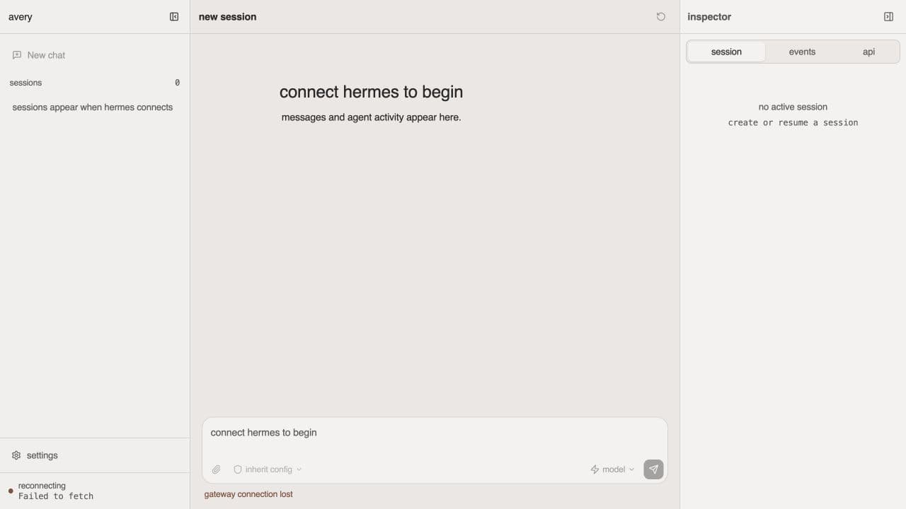 clean isolated avery shell waiting for a hermes connection