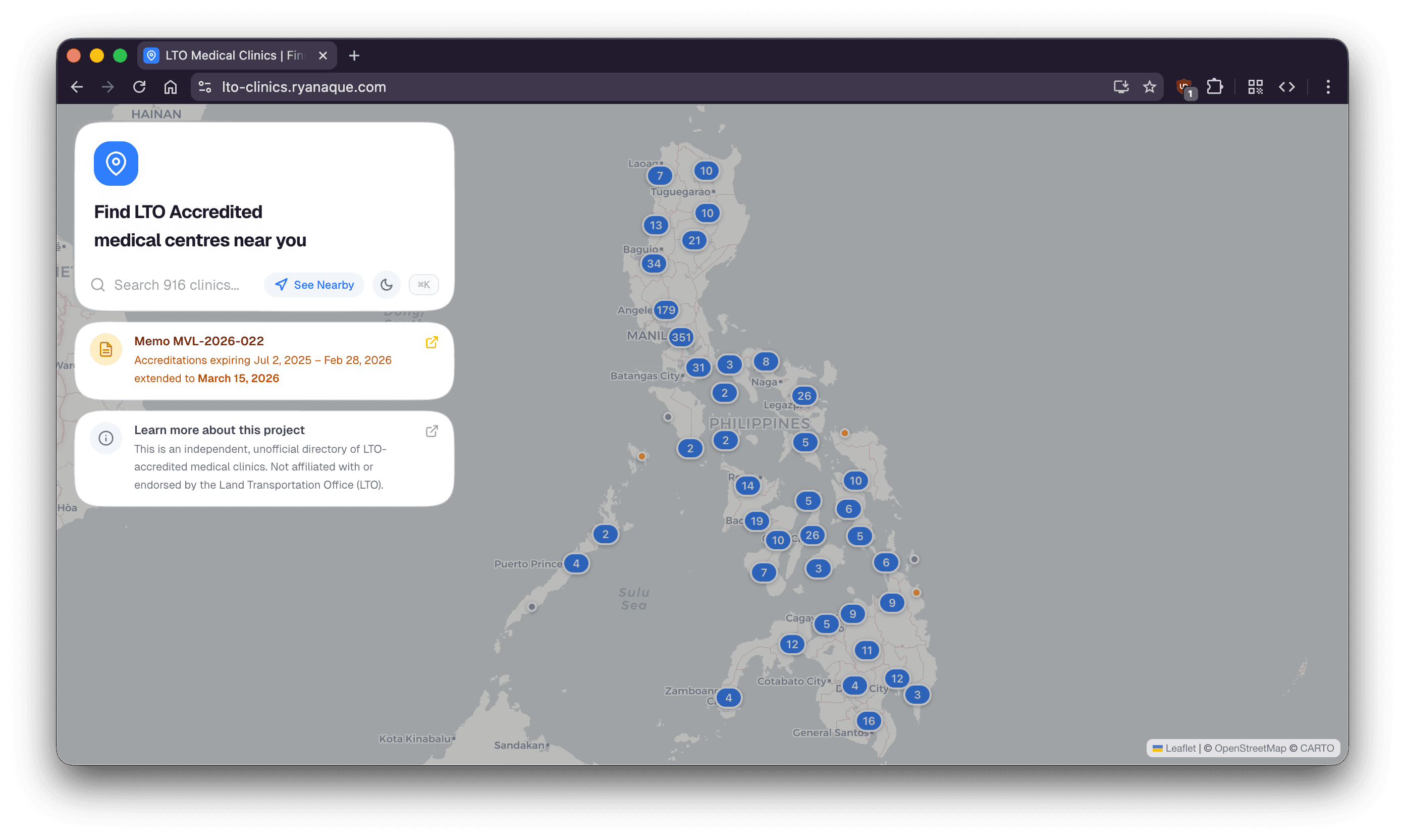 map of 916 lto-accredited medical clinics across the philippines