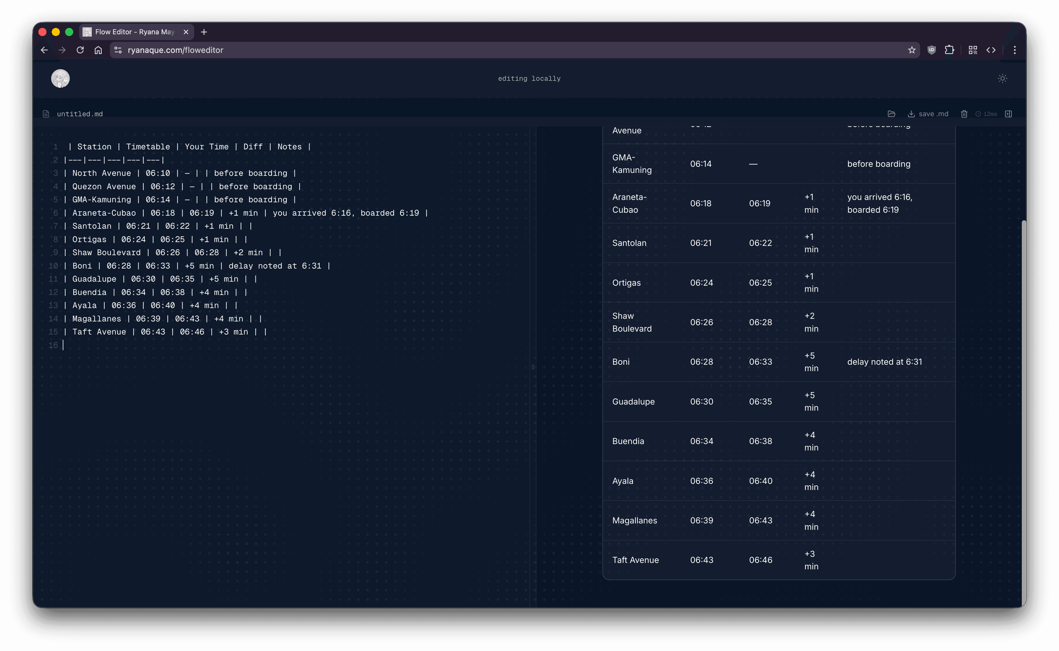 transit delay notes rendered from markdown into a live table