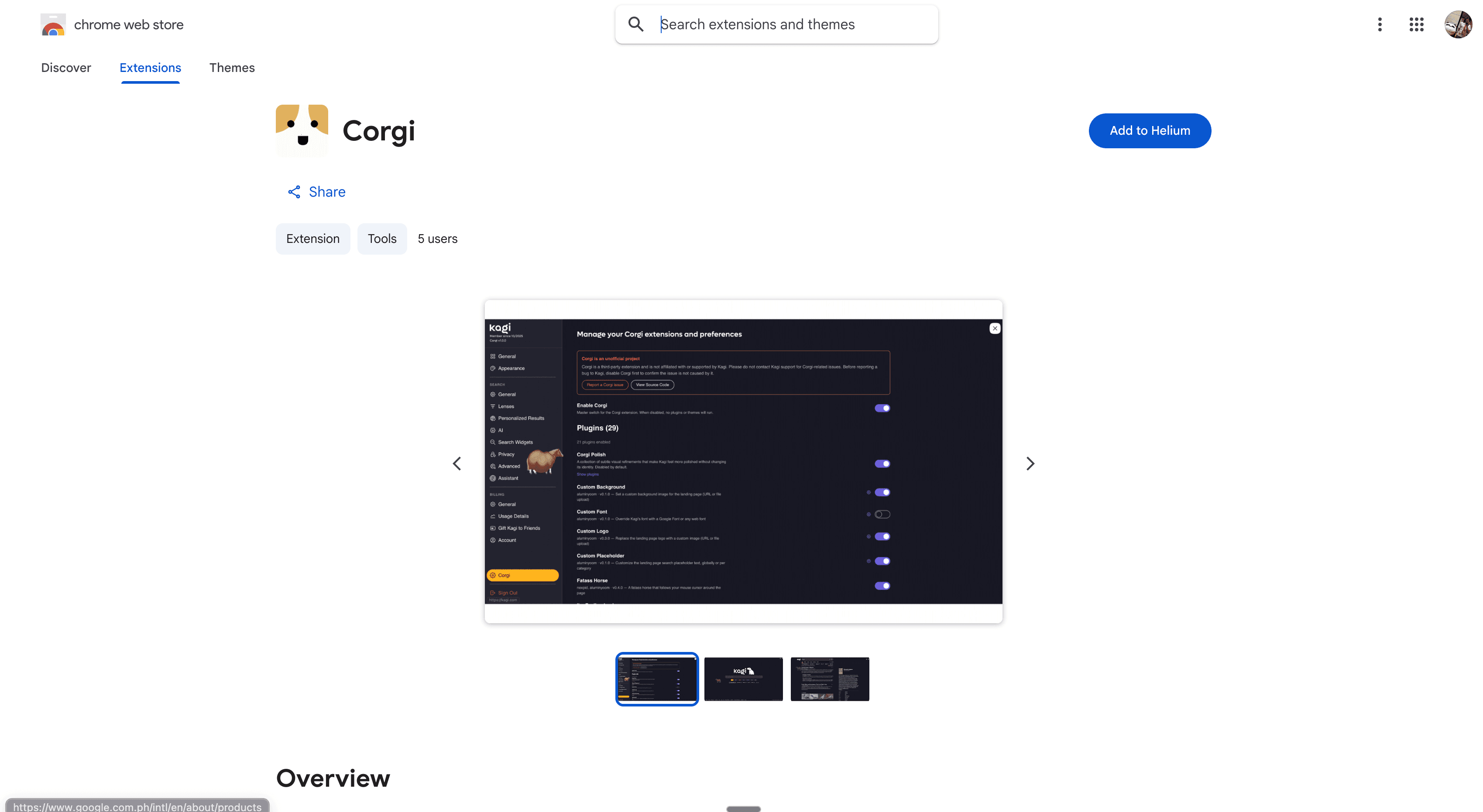corgi browser extension for modifying kagi search