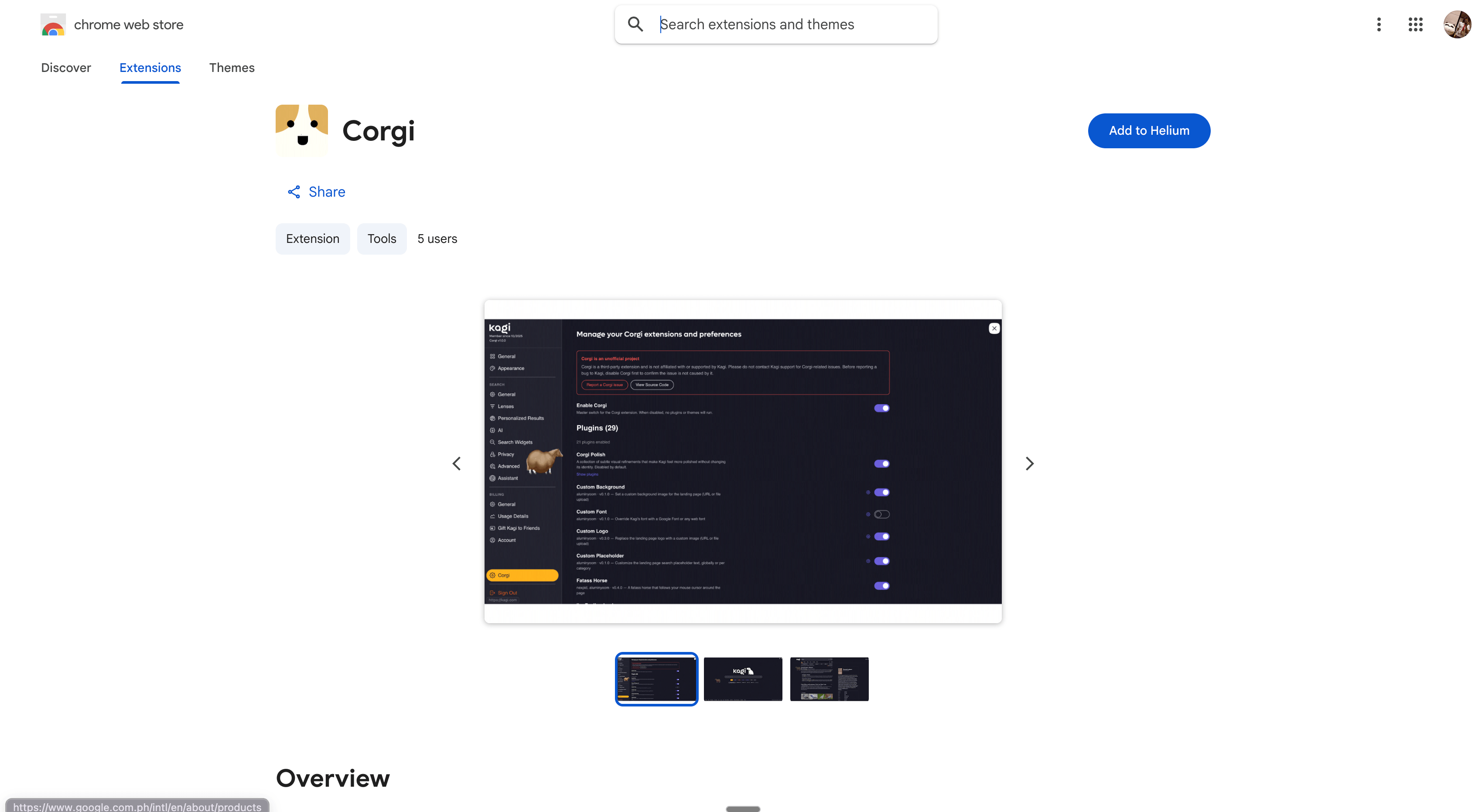 Corgi's settings page embedded inside Kagi