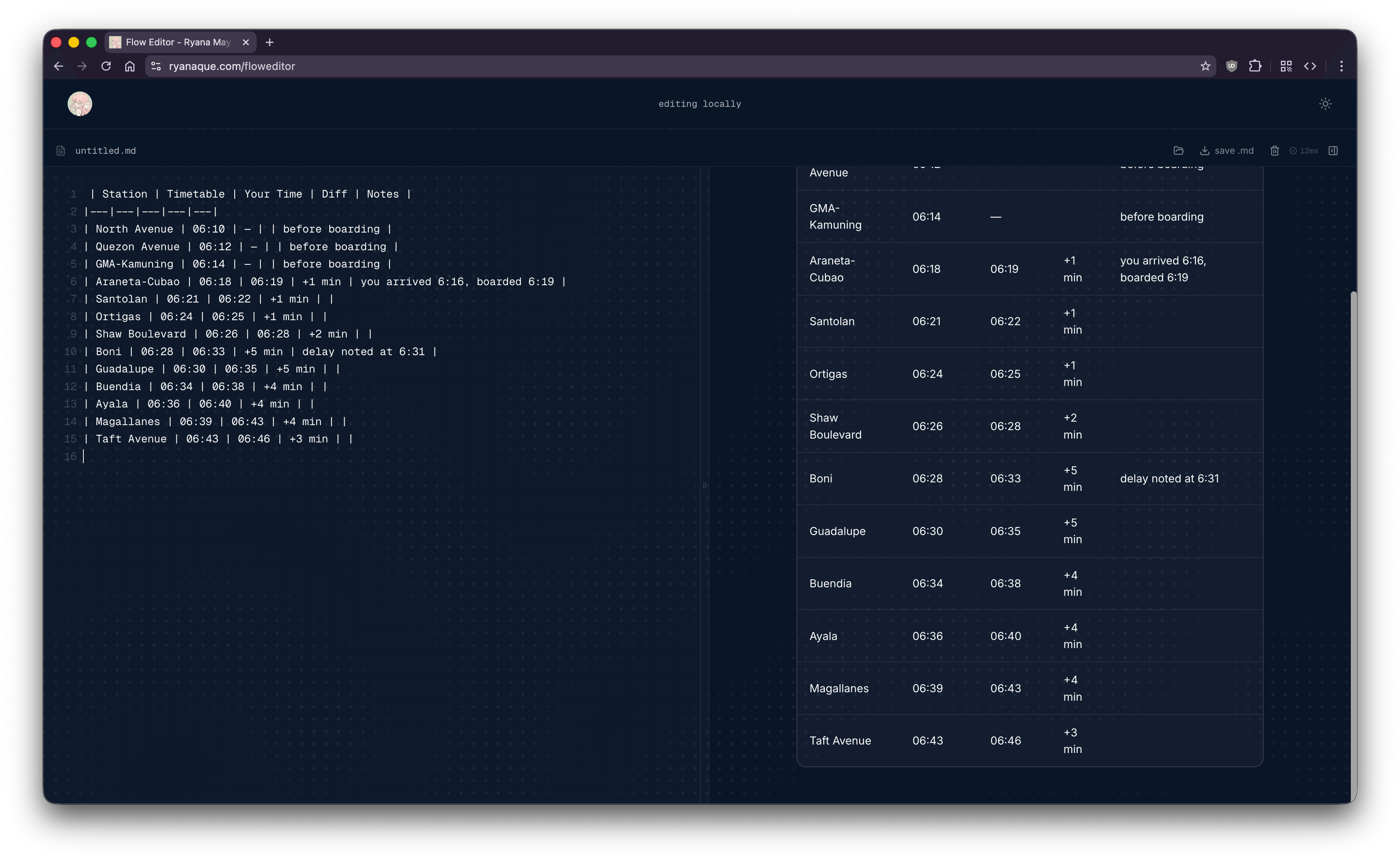 transit delay notes rendered from markdown into a live table
