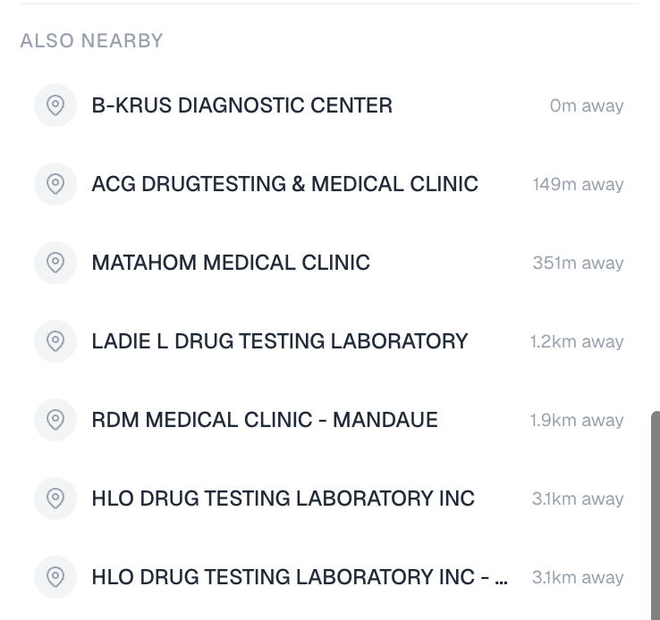 nearby clinics shown from a clinic's detail card