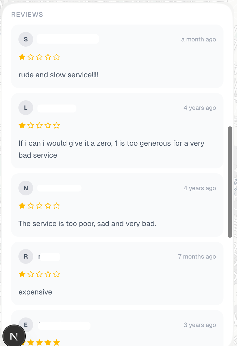 public reviews pulled from Google